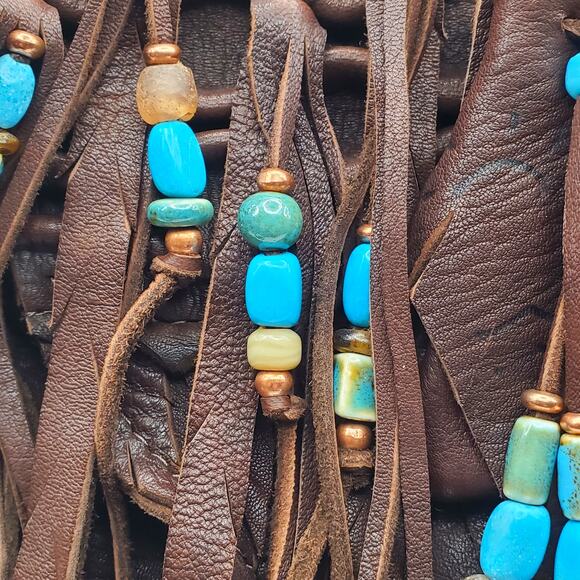 Soft Brown Leather Shoulder Bag Fringe Purse Boho Western Handbag Turquoise SW - Picture 5 of 13